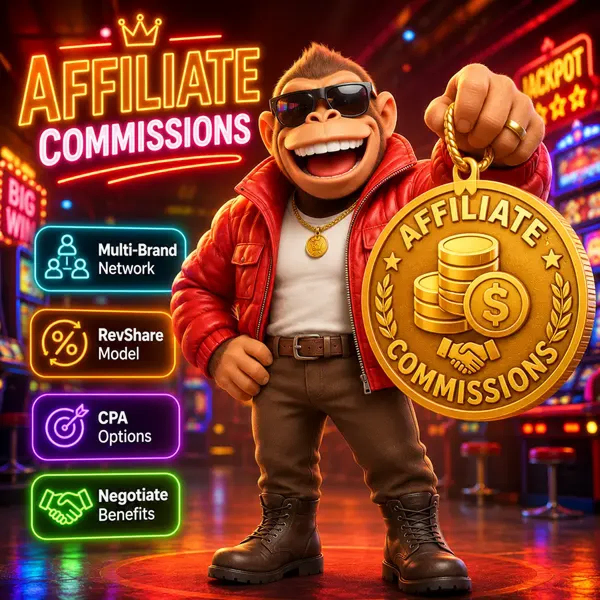 BonusKong wyświetlający medalion prowizji partnerskiej w centrum programu partnerskiego arcade