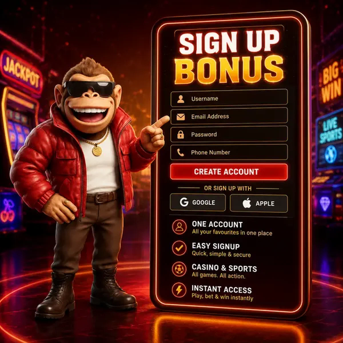 BonusKong wskazujący na cyfrowy formularz rejestracyjny w żywym otoczeniu arcade