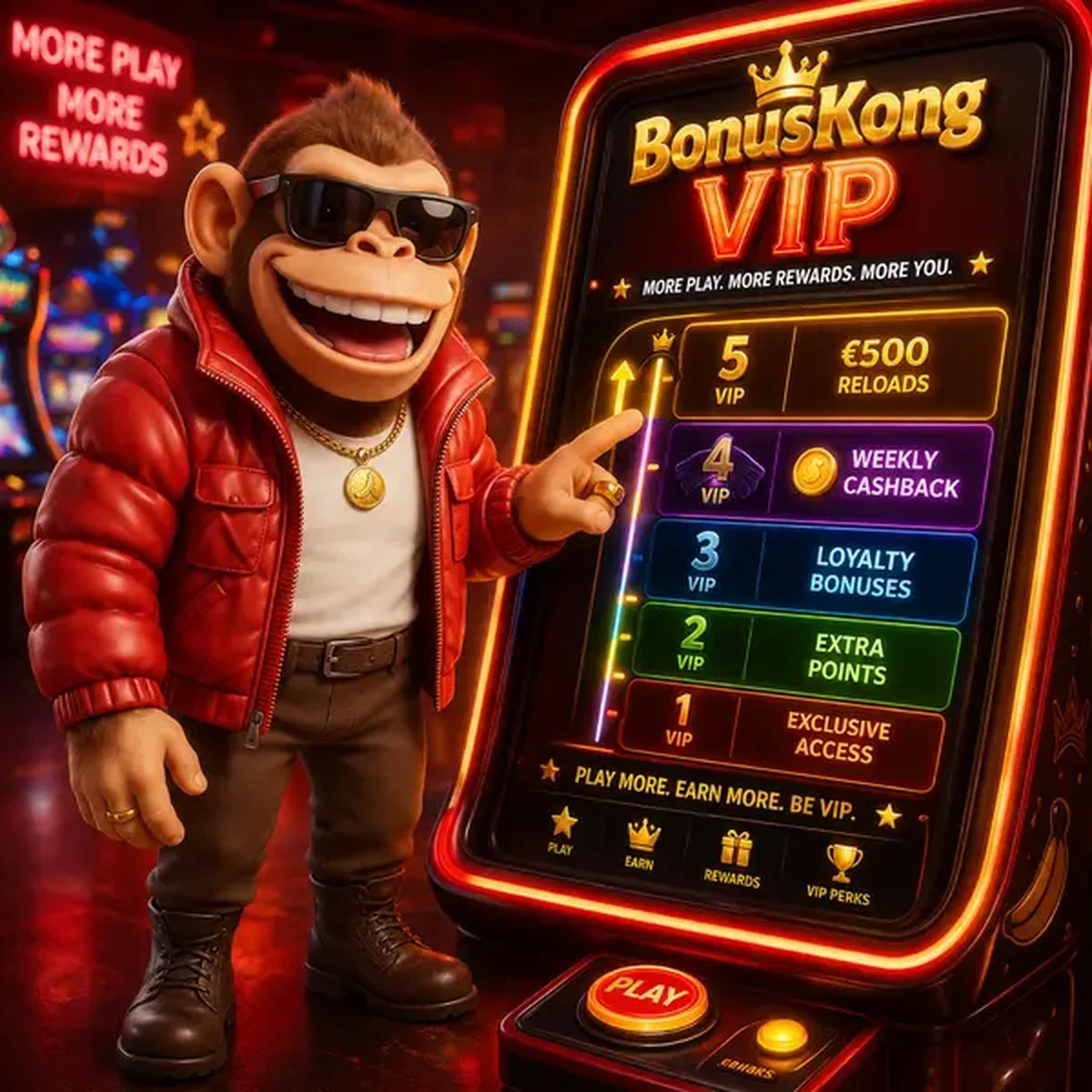 Program VIP BonusKong z nagrodami lojalnościowymi i neonową drabiną progresji