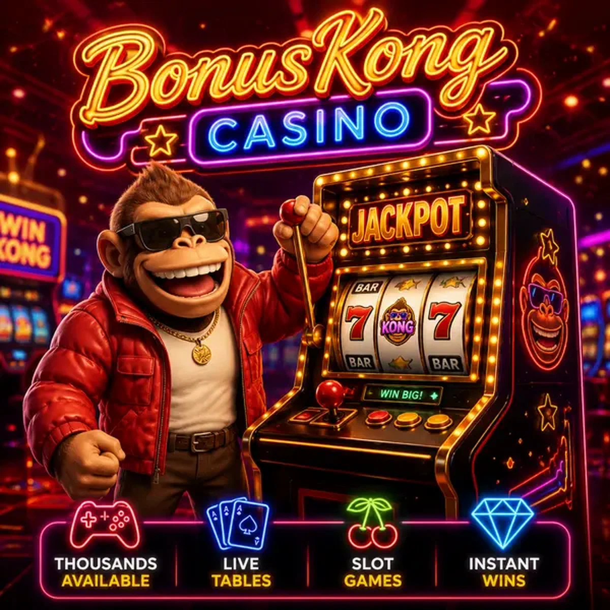 BonusKong de pie con confianza en vibrantes máquinas tragaperras en casino arcade iluminado con neón