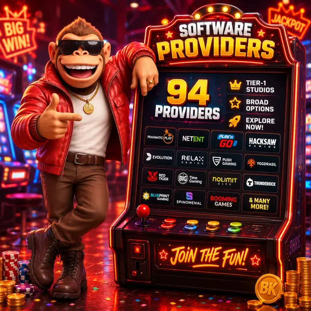 BonusKong mostrando 94 proveedores de software en vibrante gabinete de juegos arcade