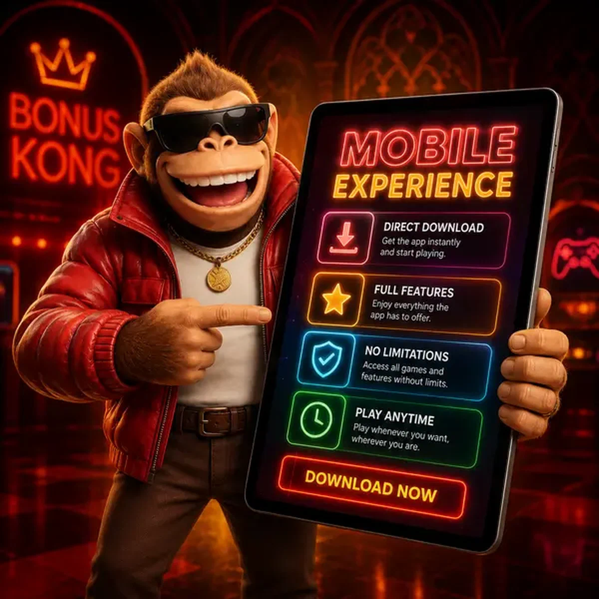 BonusKong mostrando funciones de aplicación móvil en pantalla de tableta brillante